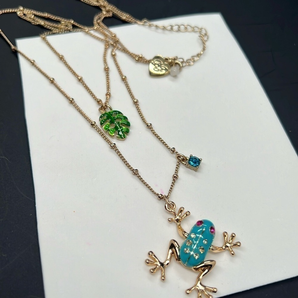 Betsy Johnson,jungle book teal gold, frog necklace